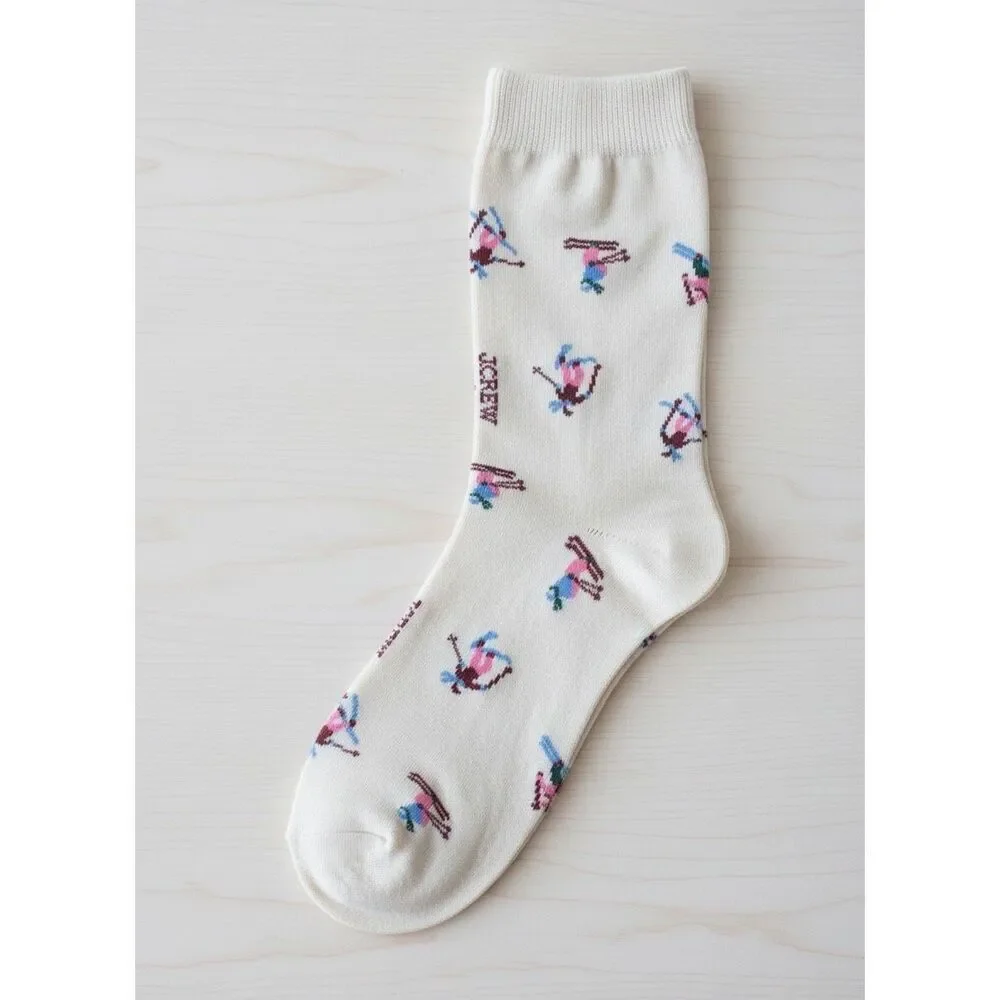 J.Crew Women’s Ivory Ski Print Trouser Socks Downhill Skier Motif NWT, One Size